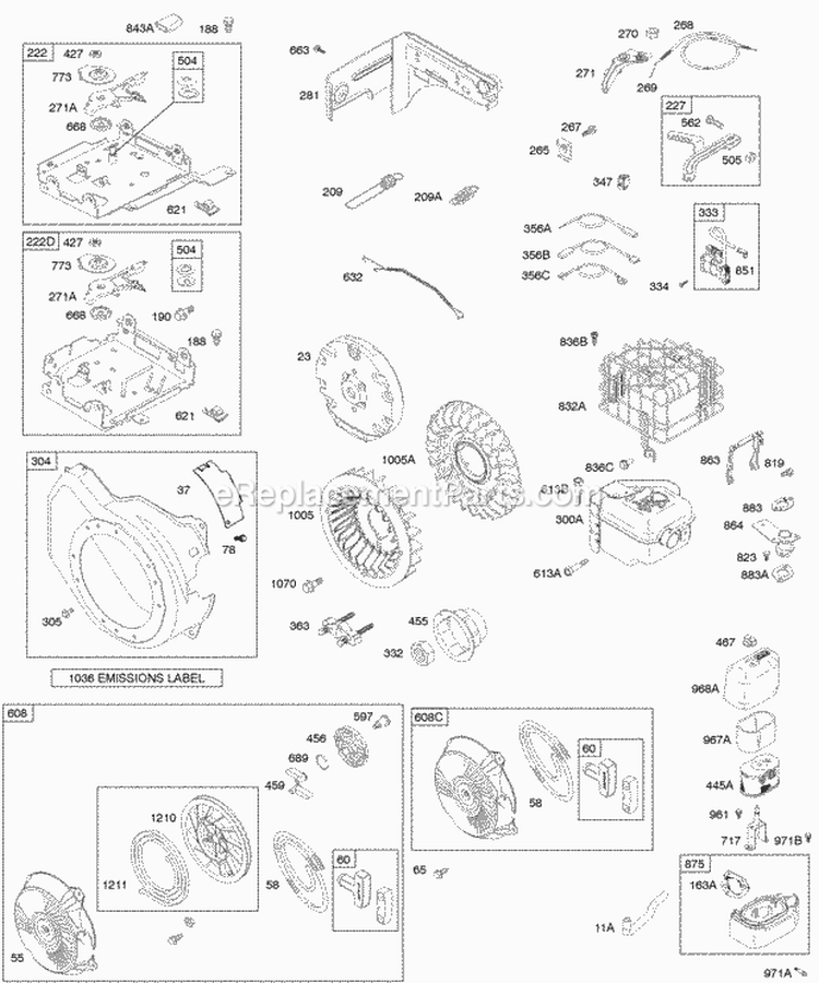 Air Cleaner Blower Housing Controls Exhaust System Flywheel Governor Spring Ignition Rewind Starter Diagram and Parts List for 124032-0101-E1  Briggs and Stratton Engine